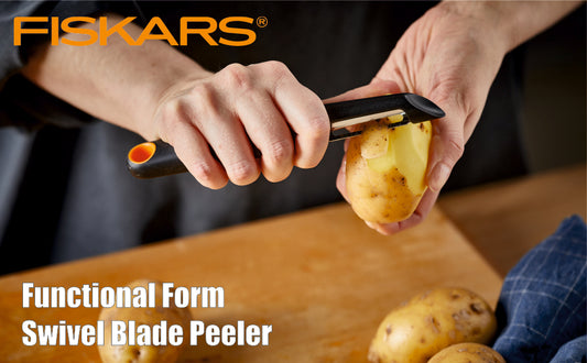 FISKARS Essential FF Swivel Bade Peeler, Japenese Stainless Steel, Made with SoftGrip Handle.