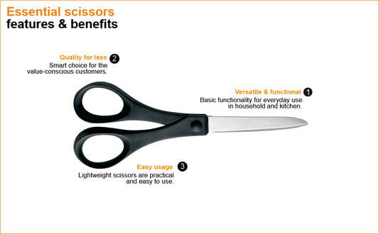 FISKARS Scissors, Essential Scissors, Essential paper scissors, Stainless steel, 18cm