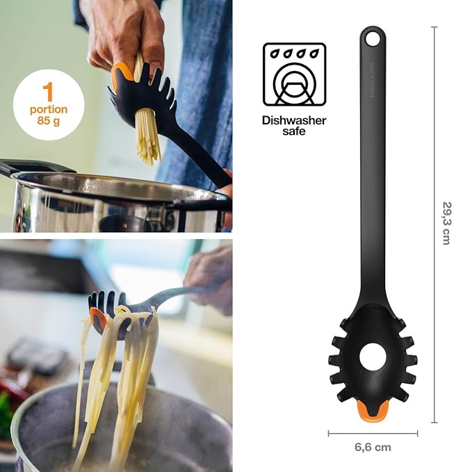 Fiskars Pasta Spoon, Length: 29 cm, Plastic/Silicone, Functional Form, Black/Orange, 1027301